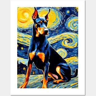 Doberman Pinscher Dog Breed Painting in a Van Gogh Starry Night Art Style Posters and Art